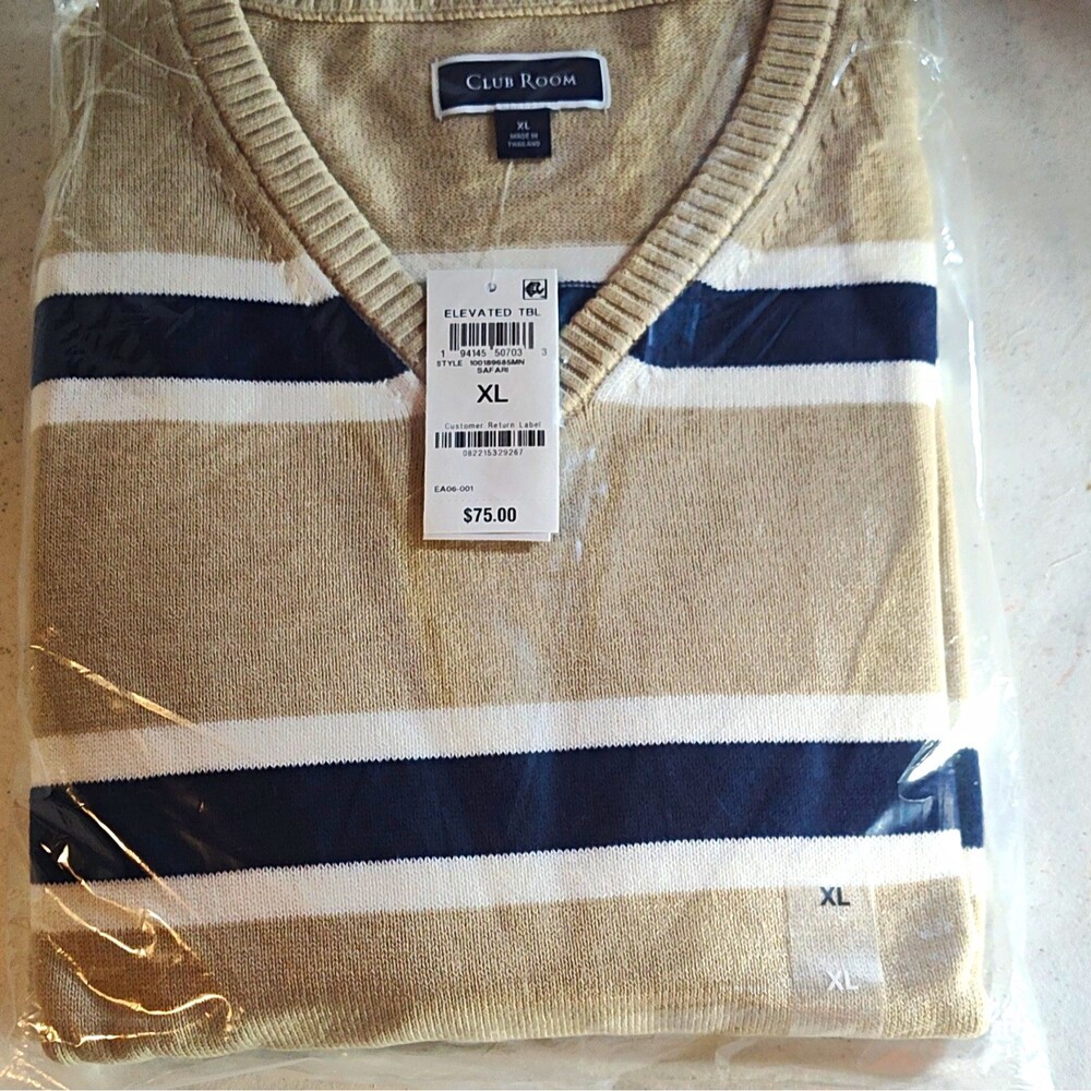 Club Room Men's XL V-Neck Striped Knit Pullover Sweater Beige Navy White 1280